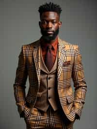 handsome and stylish man showcasing a dappersuit in a bold plaid pattern with a solid-colored shirt and a knitted tie