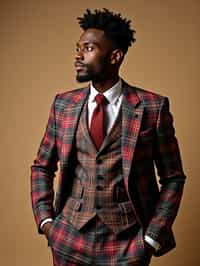 handsome and stylish man showcasing a dappersuit in a bold plaid pattern with a solid-colored shirt and a knitted tie