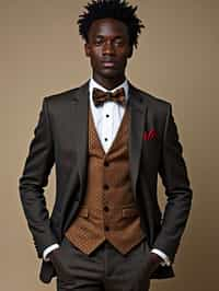 handsome and stylish man wearing a trendy tweed suit with a patterned bow tie and a contrasting vest