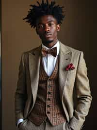 handsome and stylish man wearing a trendy tweed suit with a patterned bow tie and a contrasting vest