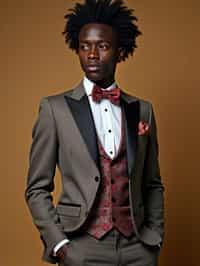 handsome and stylish man wearing a trendy tweed suit with a patterned bow tie and a contrasting vest