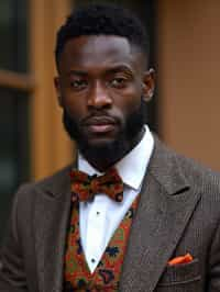 handsome and stylish man wearing a trendy tweed suit with a patterned bow tie and a contrasting vest