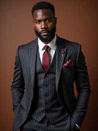 handsome and stylish man trying on a sophisticated pinstripe suit with a waistcoat and a burgundy tie