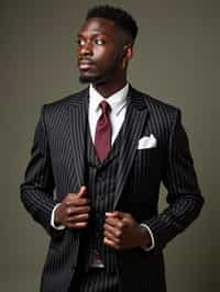 handsome and stylish man trying on a sophisticated pinstripe suit with a waistcoat and a burgundy tie