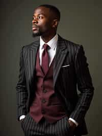 handsome and stylish man trying on a sophisticated pinstripe suit with a waistcoat and a burgundy tie