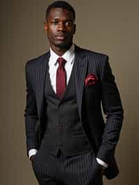 handsome and stylish man trying on a sophisticated pinstripe suit with a waistcoat and a burgundy tie