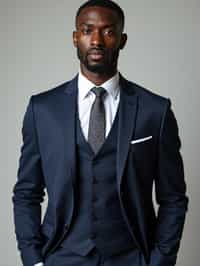 handsome and stylish man wearing a classic navy blue suit with a crisp white dress shirt and a patterned tie