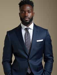 handsome and stylish man wearing a classic navy blue suit with a crisp white dress shirt and a patterned tie