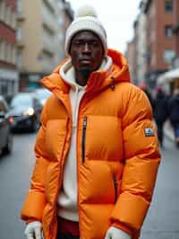 man wearing gorpcore aesthetic, functional outdoor clothing, bright colored puffer jacket, moonboots, beanie, white wool socks, outerwear, posing for photo in the street