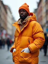 man wearing gorpcore aesthetic, functional outdoor clothing, bright colored puffer jacket, moonboots, beanie, white wool socks, outerwear, posing for photo in the street