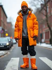 man wearing gorpcore aesthetic, functional outdoor clothing, bright colored puffer jacket, moonboots, beanie, white wool socks, outerwear, posing for photo in the street