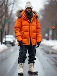 man wearing gorpcore aesthetic, functional outdoor clothing, bright colored puffer jacket, moonboots, beanie, white wool socks, outerwear, posing for photo in the street