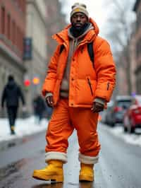 man wearing gorpcore aesthetic, functional outdoor clothing, bright colored puffer jacket, moonboots, beanie, white wool socks, outerwear, posing for photo in the street