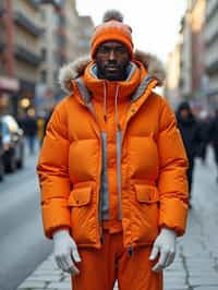 man wearing gorpcore aesthetic, functional outdoor clothing, bright colored puffer jacket, moonboots, beanie, white wool socks, outerwear, posing for photo in the street