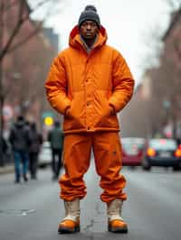 man wearing gorpcore aesthetic, functional outdoor clothing, bright colored puffer jacket, moonboots, beanie, white wool socks, outerwear, posing for photo in the street