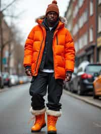 man wearing gorpcore aesthetic, functional outdoor clothing, bright colored puffer jacket, moonboots, beanie, white wool socks, outerwear, posing for photo in the street