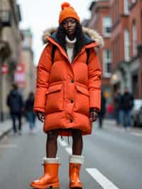 woman wearing gorpcore aesthetic, functional outdoor clothing, bright colored puffer jacket, moonboots, beanie, white wool socks, outerwear, posing for photo in the street