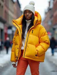 woman wearing gorpcore aesthetic, functional outdoor clothing, bright colored puffer jacket, moonboots, beanie, white wool socks, outerwear, posing for photo in the street