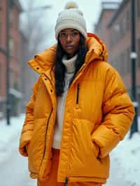 woman wearing gorpcore aesthetic, functional outdoor clothing, bright colored puffer jacket, moonboots, beanie, white wool socks, outerwear, posing for photo in the street