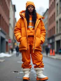 woman wearing gorpcore aesthetic, functional outdoor clothing, bright colored puffer jacket, moonboots, beanie, white wool socks, outerwear, posing for photo in the street