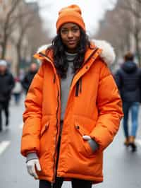 woman wearing gorpcore aesthetic, functional outdoor clothing, bright colored puffer jacket, moonboots, beanie, white wool socks, outerwear, posing for photo in the street