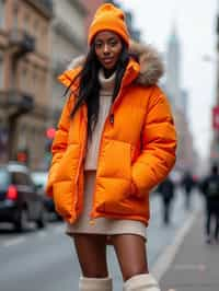 woman wearing gorpcore aesthetic, functional outdoor clothing, bright colored puffer jacket, moonboots, beanie, white wool socks, outerwear, posing for photo in the street