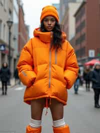 woman wearing gorpcore aesthetic, functional outdoor clothing, bright colored puffer jacket, moonboots, beanie, white wool socks, outerwear, posing for photo in the street