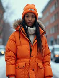 woman wearing gorpcore aesthetic, functional outdoor clothing, bright colored puffer jacket, moonboots, beanie, white wool socks, outerwear, posing for photo in the street