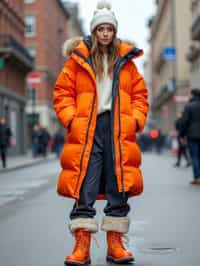 woman wearing gorpcore aesthetic, functional outdoor clothing, bright colored puffer jacket, moonboots, beanie, white wool socks, outerwear, posing for photo in the street