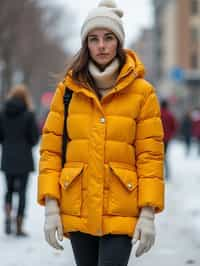 woman wearing gorpcore aesthetic, functional outdoor clothing, bright colored puffer jacket, moonboots, beanie, white wool socks, outerwear, posing for photo in the street