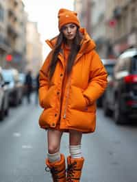 woman wearing gorpcore aesthetic, functional outdoor clothing, bright colored puffer jacket, moonboots, beanie, white wool socks, outerwear, posing for photo in the street