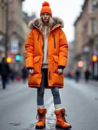 woman wearing gorpcore aesthetic, functional outdoor clothing, bright colored puffer jacket, moonboots, beanie, white wool socks, outerwear, posing for photo in the street