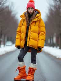 woman wearing gorpcore aesthetic, functional outdoor clothing, bright colored puffer jacket, moonboots, beanie, white wool socks, outerwear, posing for photo in the street