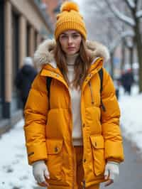 woman wearing gorpcore aesthetic, functional outdoor clothing, bright colored puffer jacket, moonboots, beanie, white wool socks, outerwear, posing for photo in the street