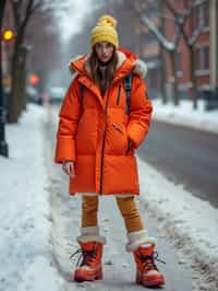 woman wearing gorpcore aesthetic, functional outdoor clothing, bright colored puffer jacket, moonboots, beanie, white wool socks, outerwear, posing for photo in the street