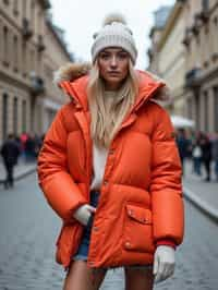 woman wearing gorpcore aesthetic, functional outdoor clothing, bright colored puffer jacket, moonboots, beanie, white wool socks, outerwear, posing for photo in the street