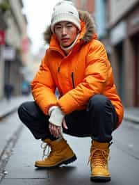 man wearing gorpcore aesthetic, functional outdoor clothing, bright colored puffer jacket, moonboots, beanie, white wool socks, outerwear, posing for photo in the street