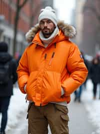 man wearing gorpcore aesthetic, functional outdoor clothing, bright colored puffer jacket, moonboots, beanie, white wool socks, outerwear, posing for photo in the street