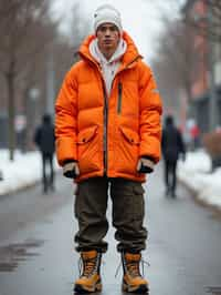 man wearing gorpcore aesthetic, functional outdoor clothing, bright colored puffer jacket, moonboots, beanie, white wool socks, outerwear, posing for photo in the street