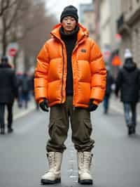 man wearing gorpcore aesthetic, functional outdoor clothing, bright colored puffer jacket, moonboots, beanie, white wool socks, outerwear, posing for photo in the street