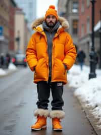 man wearing gorpcore aesthetic, functional outdoor clothing, bright colored puffer jacket, moonboots, beanie, white wool socks, outerwear, posing for photo in the street