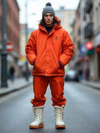 man wearing gorpcore aesthetic, functional outdoor clothing, bright colored puffer jacket, moonboots, beanie, white wool socks, outerwear, posing for photo in the street