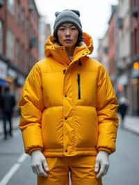 man wearing gorpcore aesthetic, functional outdoor clothing, bright colored puffer jacket, moonboots, beanie, white wool socks, outerwear, posing for photo in the street