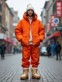 man wearing gorpcore aesthetic, functional outdoor clothing, bright colored puffer jacket, moonboots, beanie, white wool socks, outerwear, posing for photo in the street