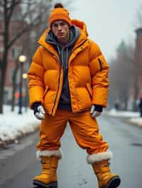 man wearing gorpcore aesthetic, functional outdoor clothing, bright colored puffer jacket, moonboots, beanie, white wool socks, outerwear, posing for photo in the street