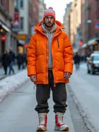 man wearing gorpcore aesthetic, functional outdoor clothing, bright colored puffer jacket, moonboots, beanie, white wool socks, outerwear, posing for photo in the street