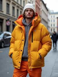 man wearing gorpcore aesthetic, functional outdoor clothing, bright colored puffer jacket, moonboots, beanie, white wool socks, outerwear, posing for photo in the street