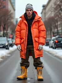 man wearing gorpcore aesthetic, functional outdoor clothing, bright colored puffer jacket, moonboots, beanie, white wool socks, outerwear, posing for photo in the street