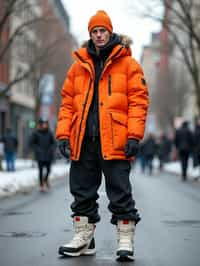 man wearing gorpcore aesthetic, functional outdoor clothing, bright colored puffer jacket, moonboots, beanie, white wool socks, outerwear, posing for photo in the street