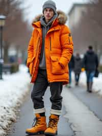 man wearing gorpcore aesthetic, functional outdoor clothing, bright colored puffer jacket, moonboots, beanie, white wool socks, outerwear, posing for photo in the street